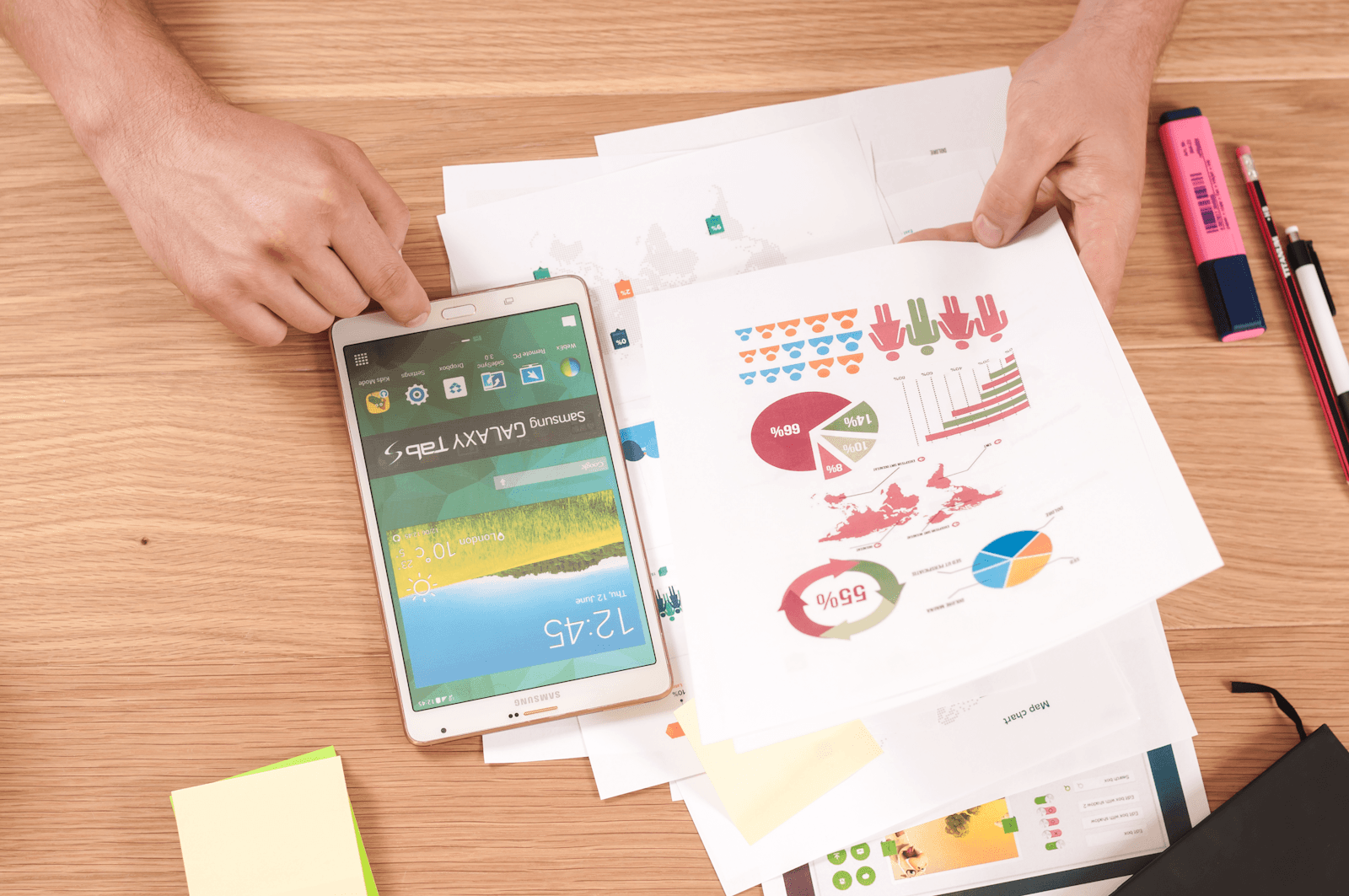 Tablette et graphiques colorés sur un bureau en bois, structuration de ses offres.